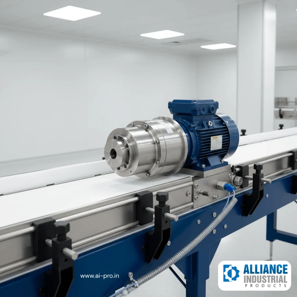 Coaxial inline food industry gearbox mounted on a food packaging conveyor line