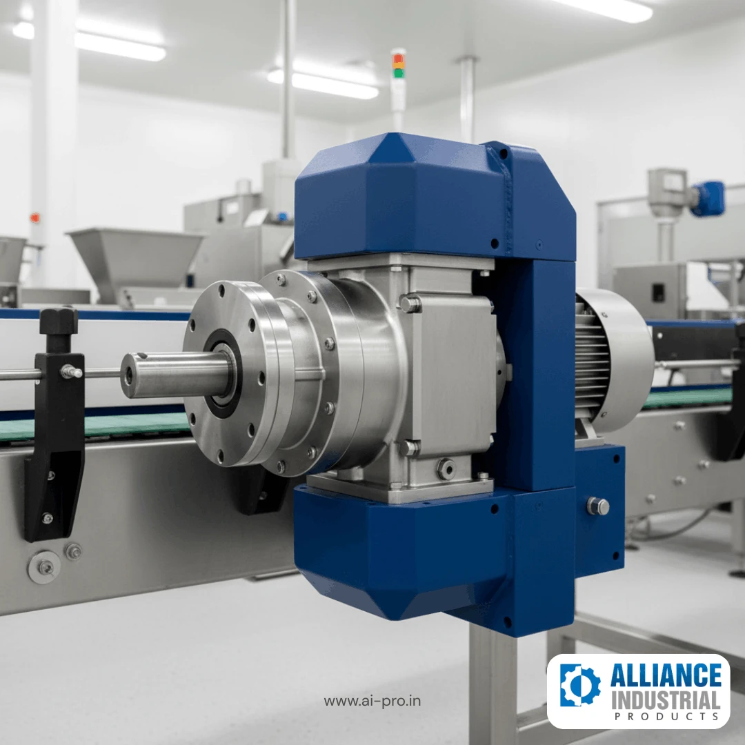 Bevel helical food industry gearbox providing right angle drive in food processing equipment