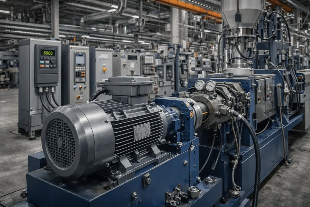 Three-phase industrial electric motor connected to variable frequency drive in cable production facility
